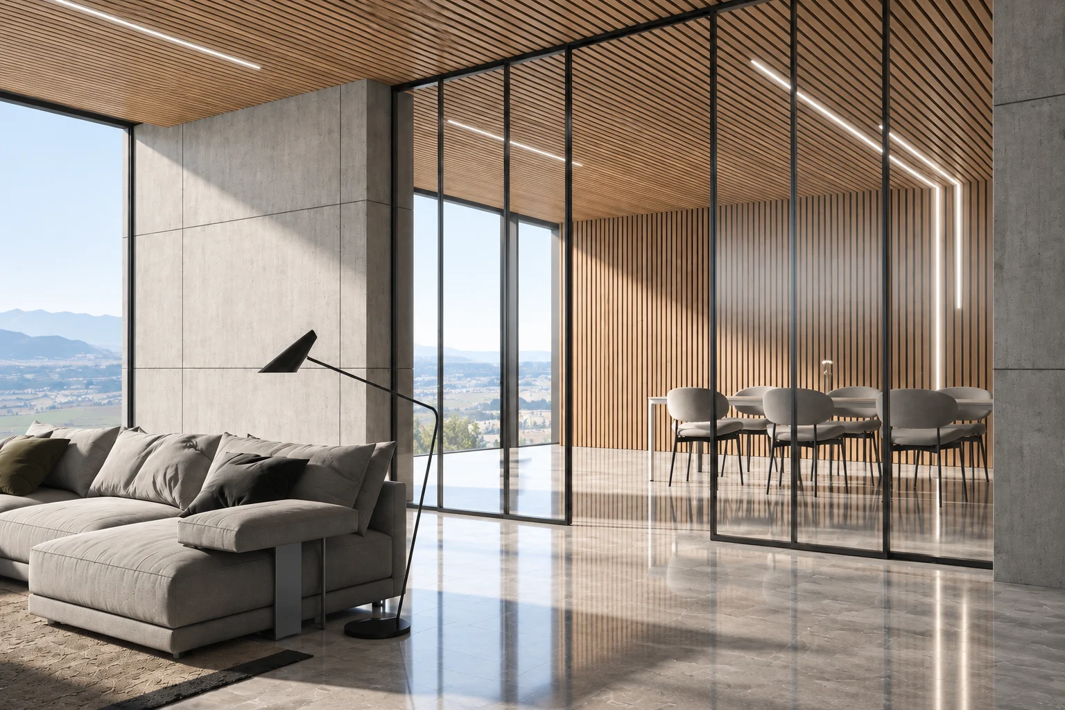 Timber-lined living and dining room — alternate view of the same space, AI visualisation based on the original reference