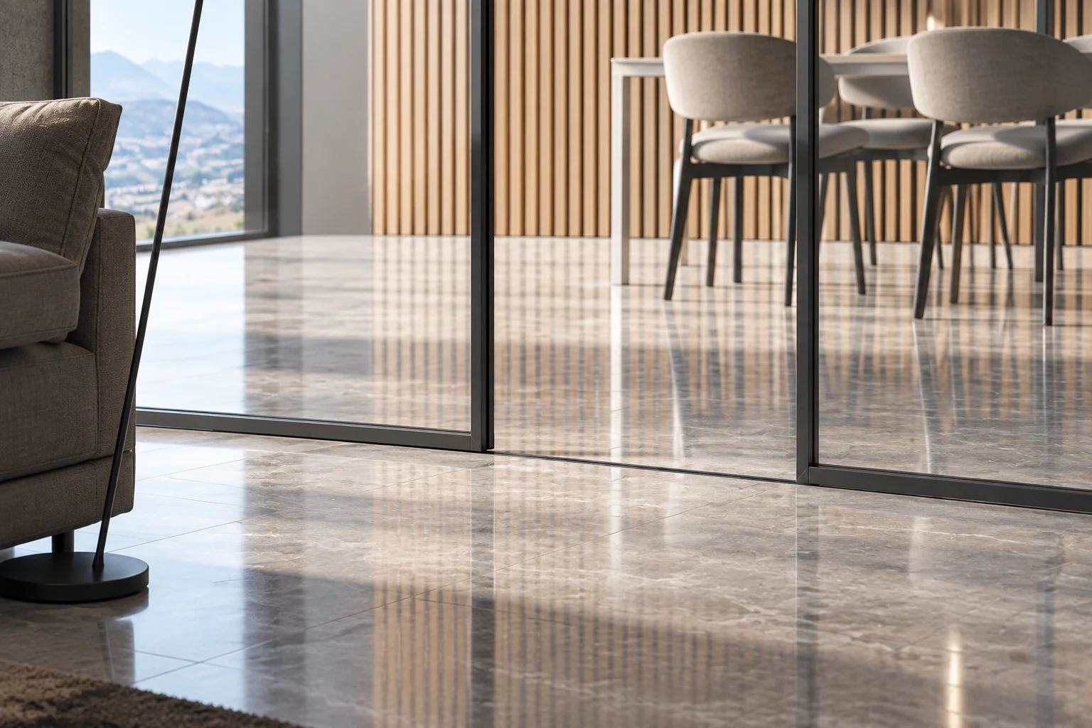 Timber-lined living and dining room — glazed partition and floor junction, AI visualisation based on the original reference