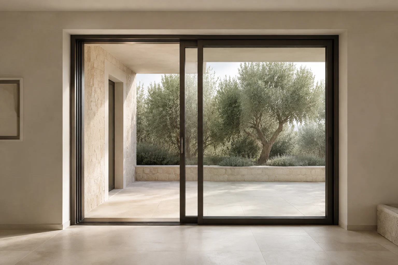 AI-generated architectural concept of a sliding glazed opening; not a verified S125 installation