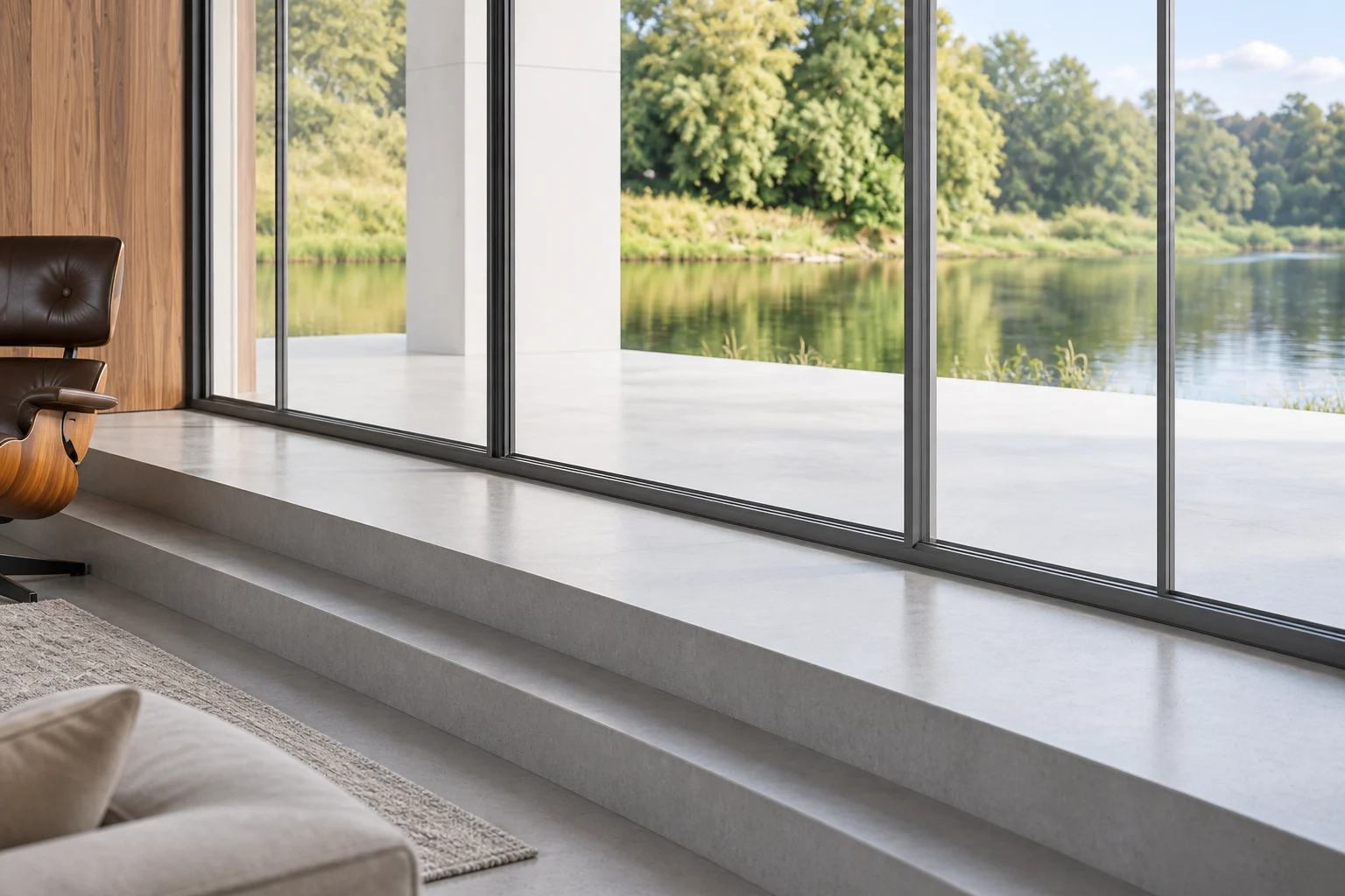 Lakeside living room — glazing and raised sill junction, AI visualisation based on the original reference